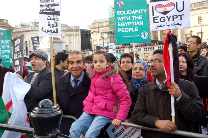 Egyptians crowds in Trafalgar Square last February show their support for the Egyptian revolution