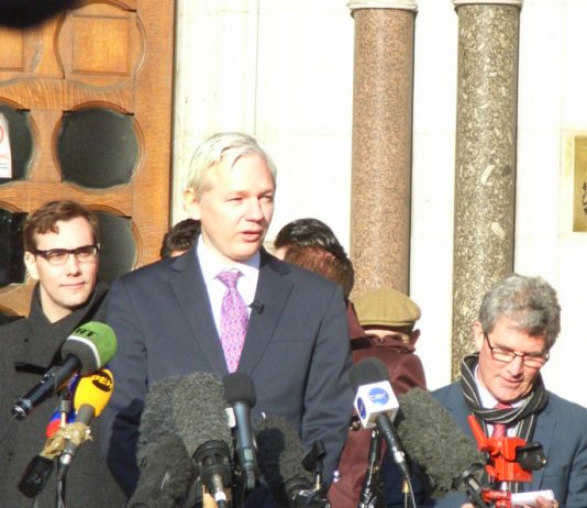 JULIAN ASSANGE on the step of the High Court after winning his right to appeal to the Supreme Court
