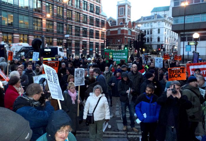 A section of the mass picket of the Balfour Beatty Crossrail site at Blackfriars Bridge early yesterday morning