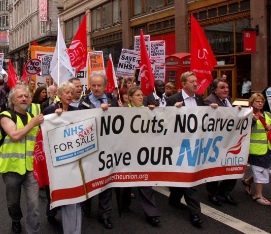 Unite members marching on July 7th this year, the 63rd Anniversary of the founding of the NHS