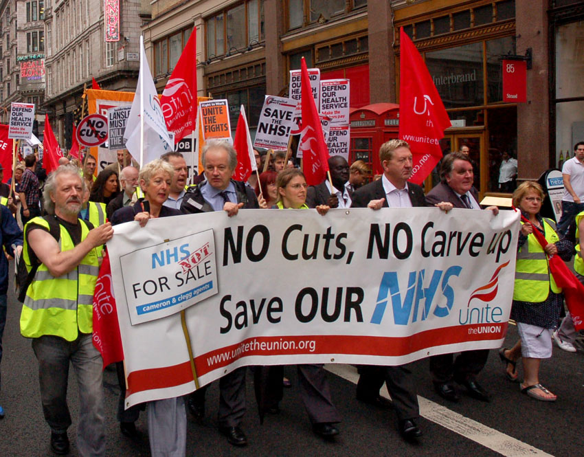 Unite members marching on July 7th this year, the 63rd Anniversary of the founding of the NHS