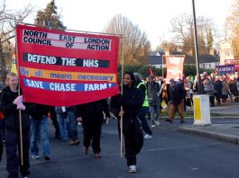 The North East London Council of Action ‘Save Chase Farm’ march sets off from the war memorial