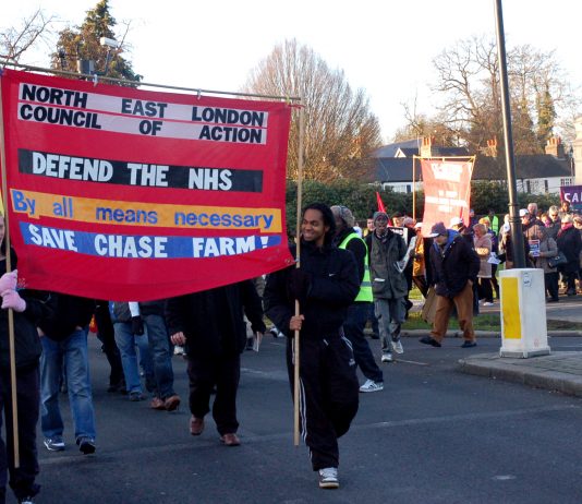 The North East London Council of Action ‘Save Chase Farm’ march sets off from the war memorial
