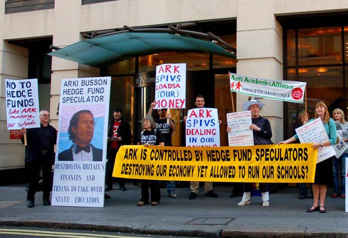 Anti-ARK Academy protest outside the company’s offices in London