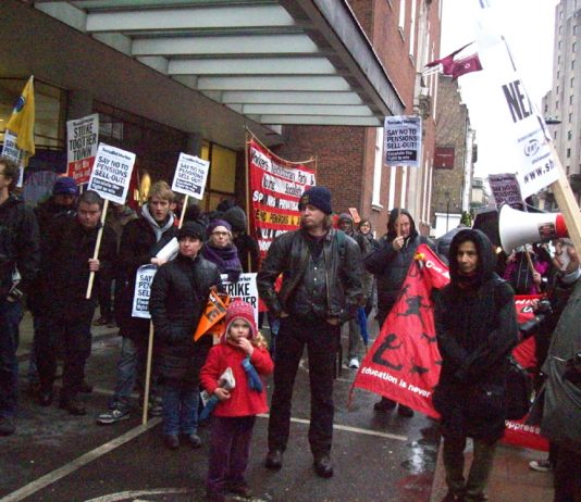 A section of yesterday’s shop stewards lobby of the TUC against pension cuts