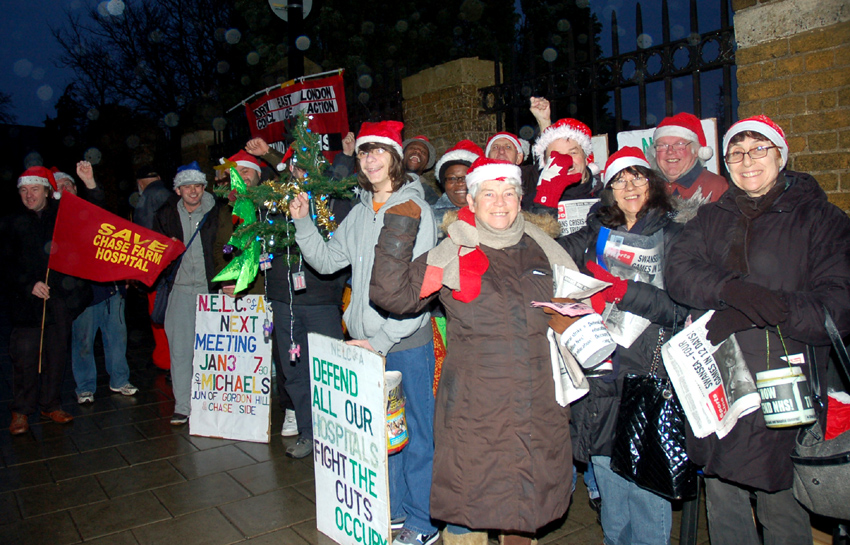 A strong early morning picket adds the Christmas spirit to its determination that Chase Farm Hospital must not be allowed to close