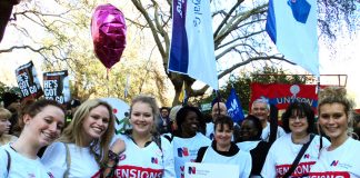 Nurses and other NHS workers on the 50,000-strong London march during the pensions strike last month