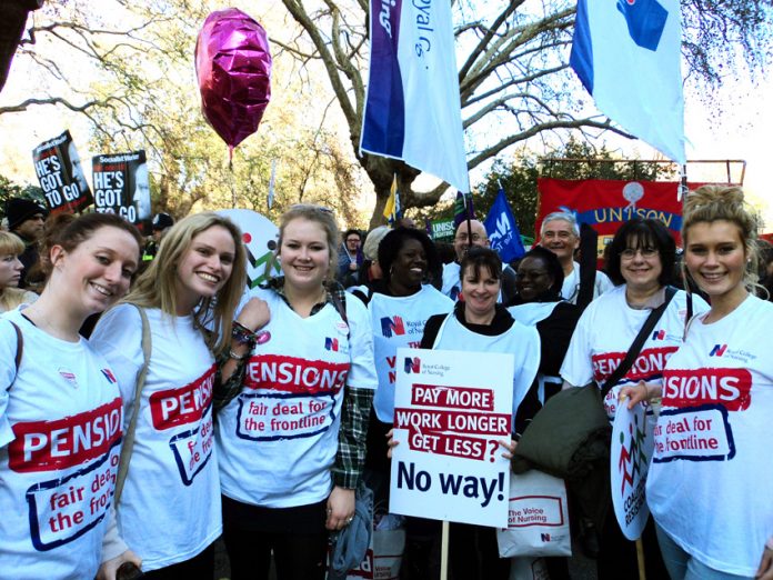 Nurses and other NHS workers on the 50,000-strong London march during the pensions strike last month