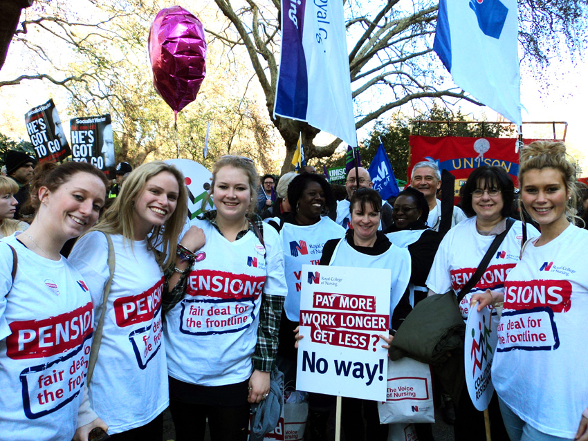 Nurses and other NHS workers on the 50,000-strong London march during the pensions strike last month