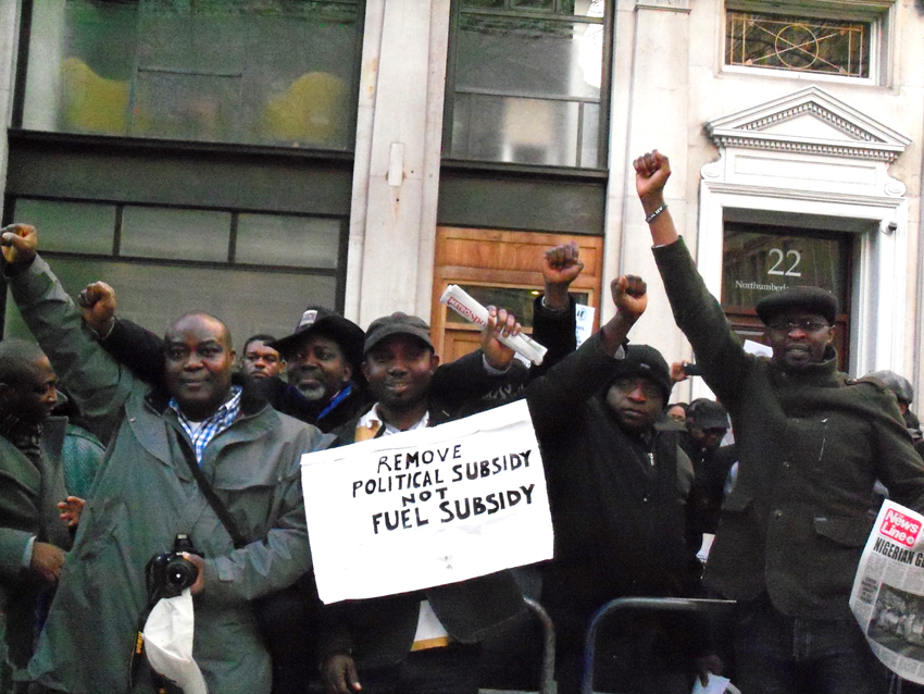 Part of a mass lobby of the Nigerian Embassy in London on Friday which insisted that the fuel subsidy must be reinstated