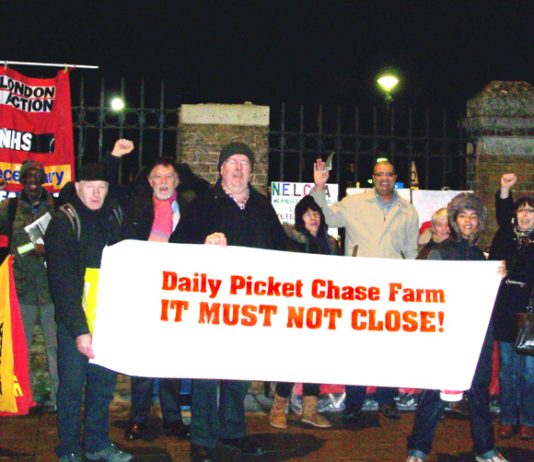 A section of the early morning mass picket which will now take place daily from 9.00am to 2.00pm to keep Chase Farm Hospital open