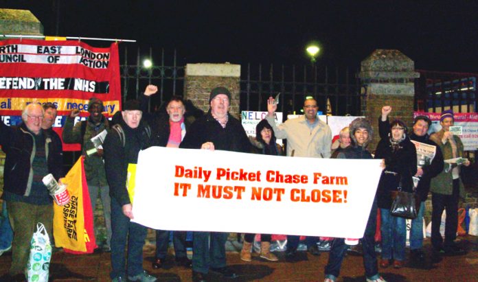 A section of the early morning mass picket which will now take place daily from 9.00am to 2.00pm to keep Chase Farm Hospital open