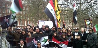 Syrians demonstrating outside the US embassy in London against a NATO intervention in their country