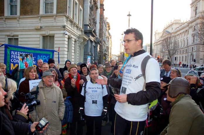 Consultant CLIVE PEEDELL addressing the crowd outside Richmond House in Whitehall, London, yesterday