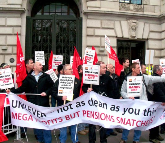 Unilever workers lobbying the company’s head office demanding ‘Hands off Our Pensions’