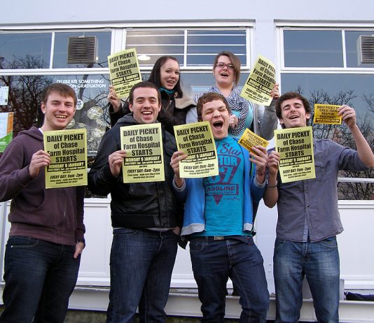 Middlesex University students show their support for the picket to stop the closure of Chase Farm Hospital