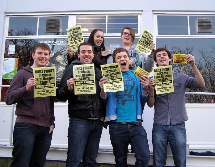 Middlesex University students show their support for the picket to stop the closure of Chase Farm Hospital