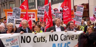 Trade unionists and youth marching to defend the NHS last July – now all unions are agreed that the health bill must be stopped