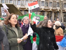 Demonstrators outside the US embassy on Saturday demanding no military intervention against Syria or Iran