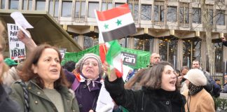 Demonstrators outside the US embassy on Saturday demanding no military intervention against Syria or Iran