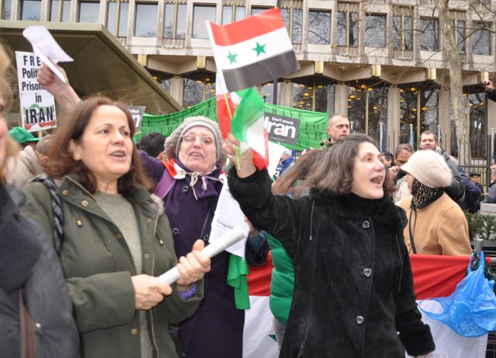 Demonstrators outside the US embassy on Saturday demanding no military intervention against Syria or Iran