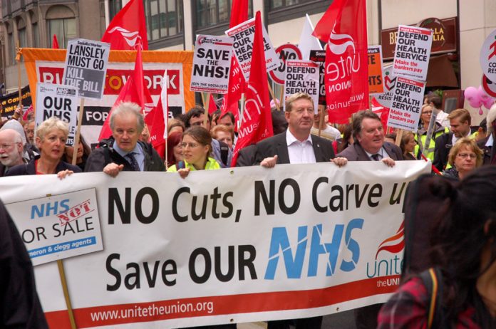 Union leaders at the front of a march demanding no cuts and no sell-off of the NHS