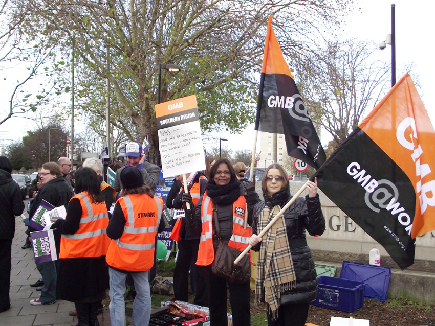 GMB members on strike in defence of pensions at St George’s Hospital in Tooting last November 30