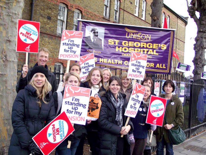 Physiotherapists on the picket line at St George’s Hospital in south west London last November 30 – any future action will be joined by the BMA