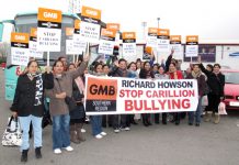 Striking Swindon hospital workers about to board the coach to take them to Wolverhampton to tell the bosses of Carillion exactly what they think of them