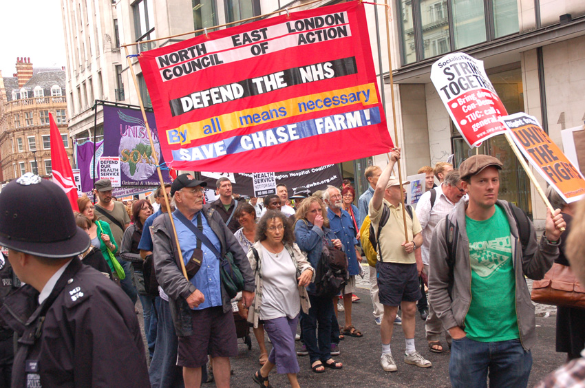 The North East London Council of Action banner on the Unite march to defend the NHS last July. Now the whole movement has taken up this demand