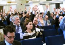 Delegates at the Annual BMA Consultants Conference yesterday morning voting for action to defend their pensions