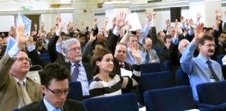 Delegates at the Annual BMA Consultants Conference yesterday morning voting for action to defend their pensions