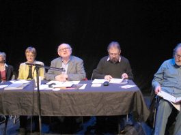 The platform at Tuesday’s Equity London Region Annual General Meeting, with General Secretary Christine Payne second left