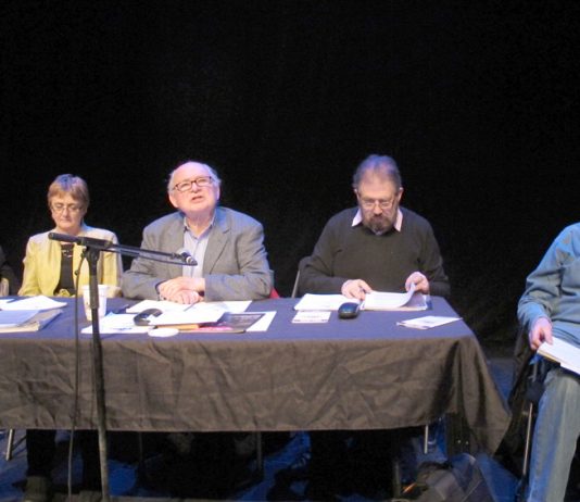 The platform at Tuesday’s Equity London Region Annual General Meeting, with General Secretary Christine Payne second left