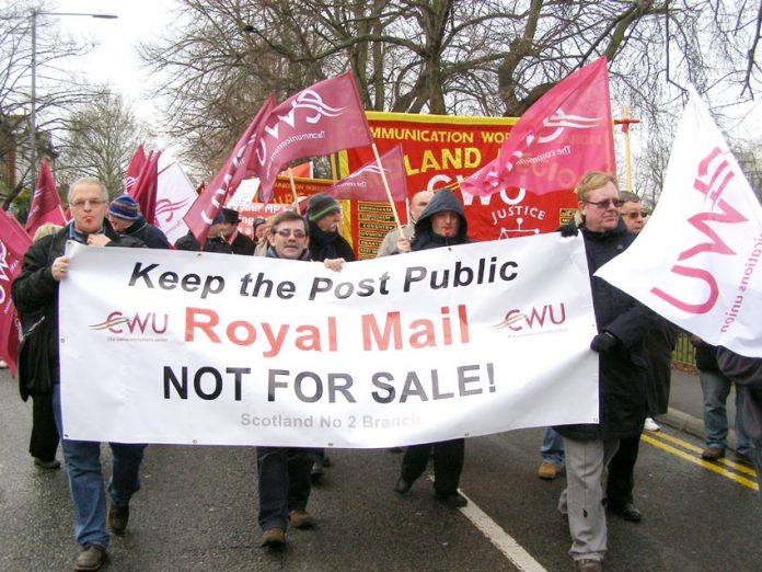 CWU members marching in Kingston in January last year against Royal Mail privatisation