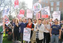 Part of the demonstration outside the Houses of Parliament yesterday afternoon condemning the Cameron-Clegg coalition and its budget