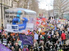 Teachers marching during the public sector workers’ strike action to defend pensions last November 30