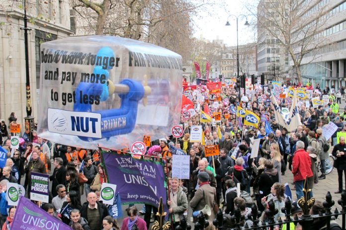 Teachers marching during the public sector workers’ strike action to defend pensions last November 30