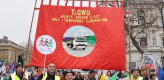Unite lorry drivers on the last year’s March 26 TUC demonstration against the coalition cuts