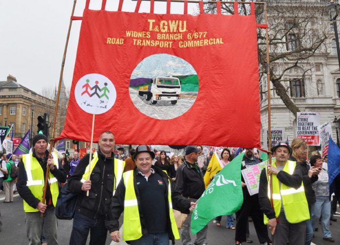 Unite lorry drivers on the last year’s March 26 TUC demonstration against the coalition cuts