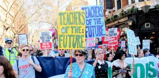 Teachers on yesterday’s march from Malet Street to the Department of Education in Westminster