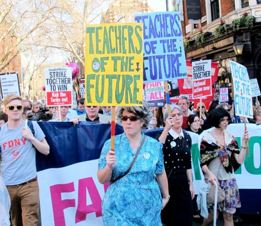 Teachers on yesterday’s march from Malet Street to the Department of Education in Westminster