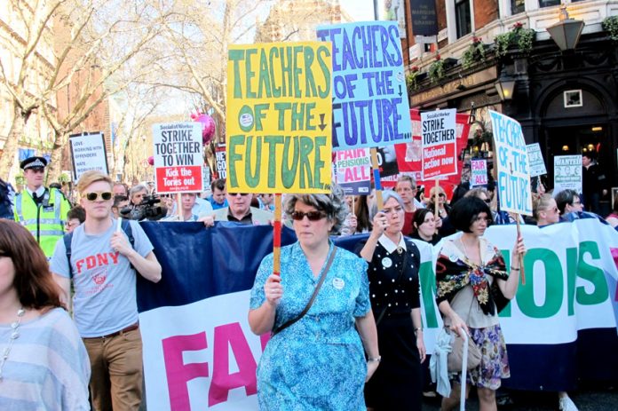 Teachers on yesterday’s march from Malet Street to the Department of Education in Westminster