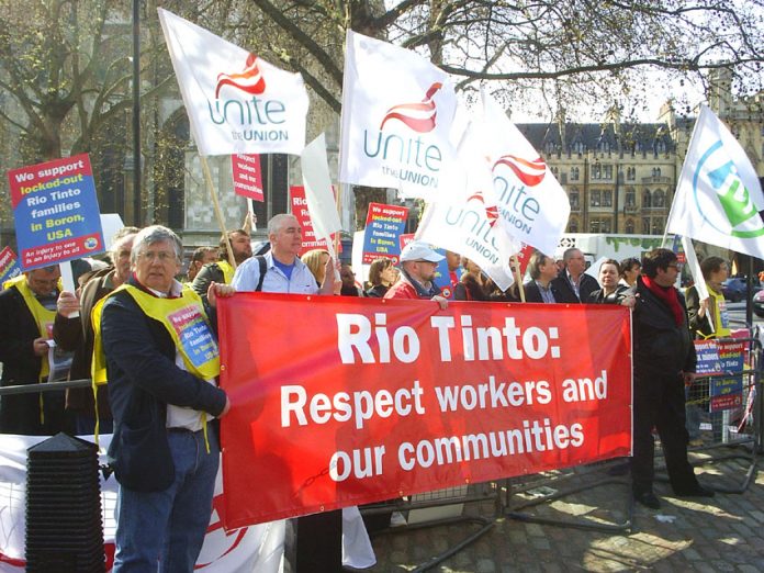 Unite members in London protest in support of Rio Tinto workers in Boron, USA during their lock-out in April 2010