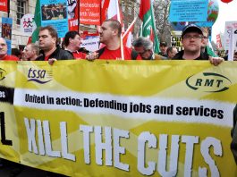 Rail workers on the TUC demonstration against the coalition’s cuts on March 26 last year