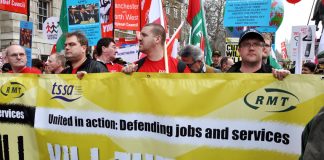 Rail workers on the TUC demonstration against the coalition’s cuts on March 26 last year