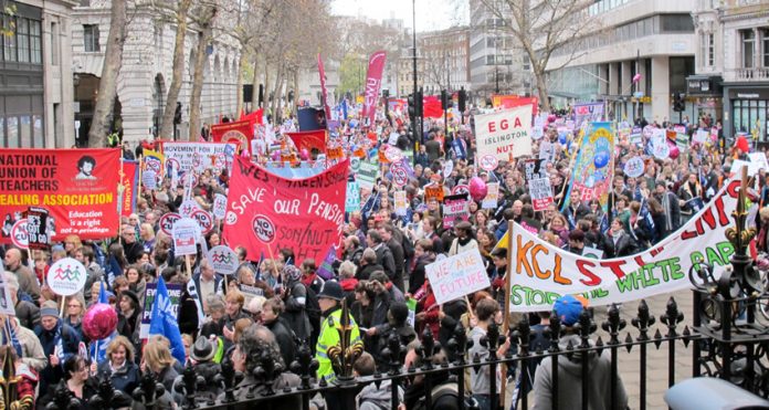 Teachers marching in London last November 30 during their strike action to defend their pensions