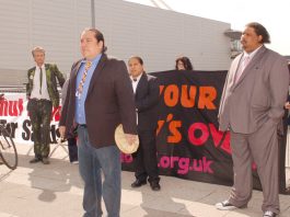 Tar Sands campaign leader Clayton Thomas-Muller addressing a press conference outside the BP AGM yesterday morning