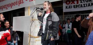 Marios Lolos addressing a rally of trade unionists in Athens
