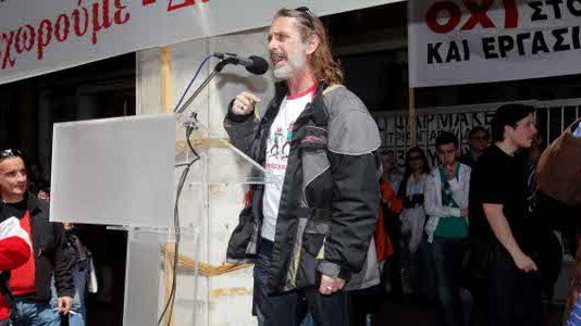 Marios Lolos addressing a rally of trade unionists in Athens